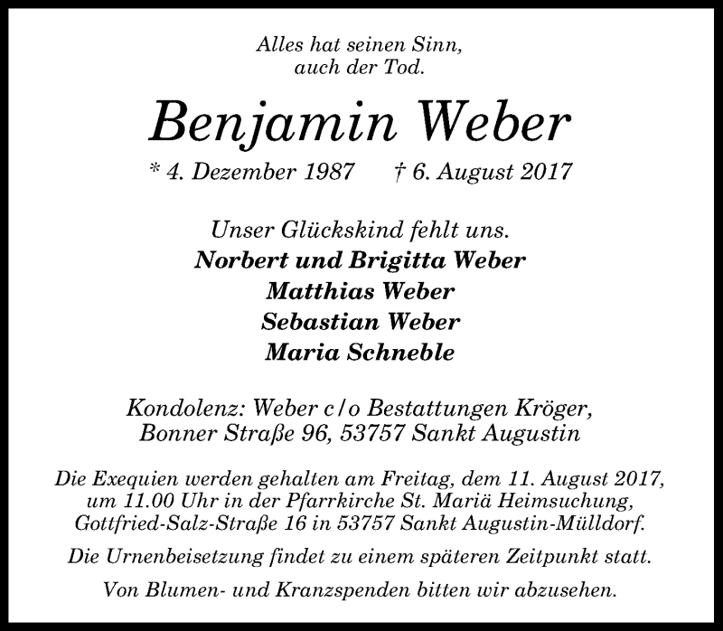  Traueranzeige für Benjamin Weber vom 09.08.2017 aus General-Anzeiger Bonn