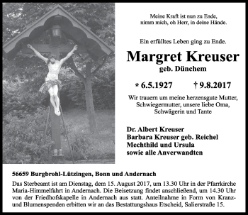 Anzeige von Margret Kreuser von General-Anzeiger Bonn