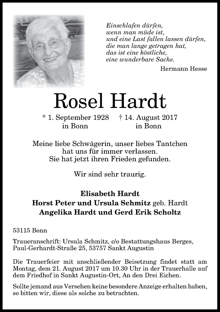 Traueranzeige für Rosel Hardt vom 19.08.2017 aus General-Anzeiger Bonn