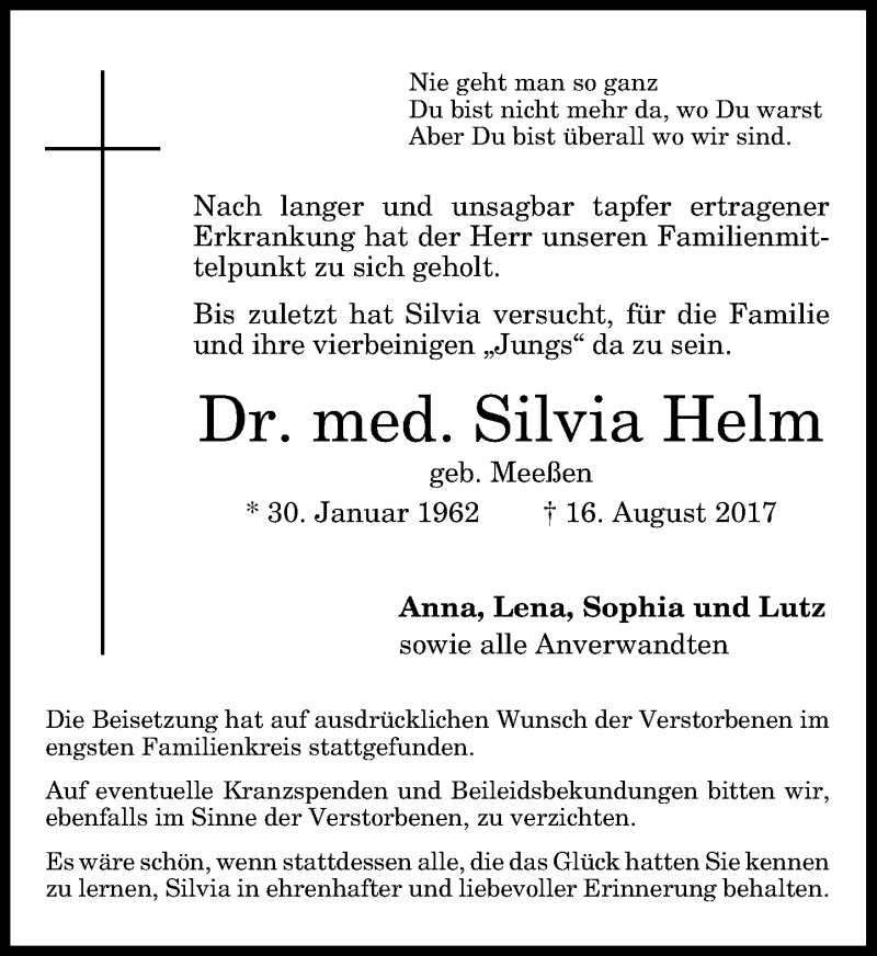  Traueranzeige für Silvia Helm vom 26.08.2017 aus General-Anzeiger Bonn