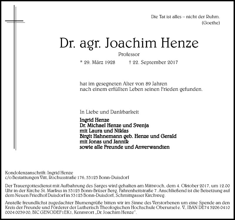  Traueranzeige für Joachim Henze vom 30.09.2017 aus General-Anzeiger Bonn