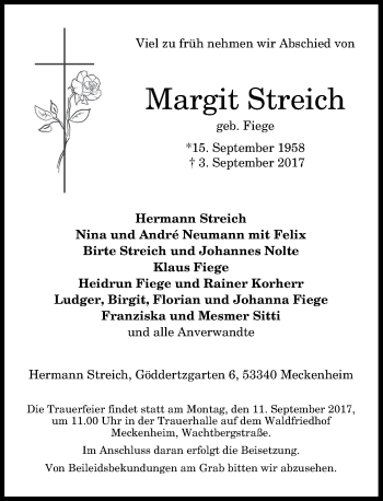 Anzeige von Margit Streich von General-Anzeiger Bonn