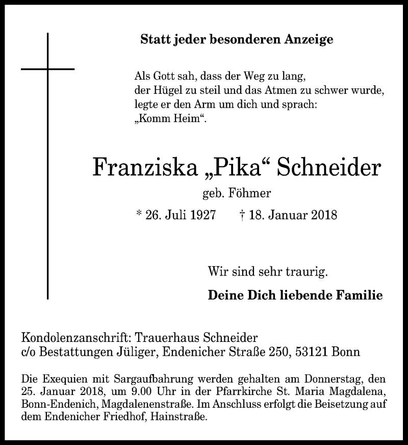  Traueranzeige für Franziska Pika Schneider vom 20.01.2018 aus General-Anzeiger Bonn