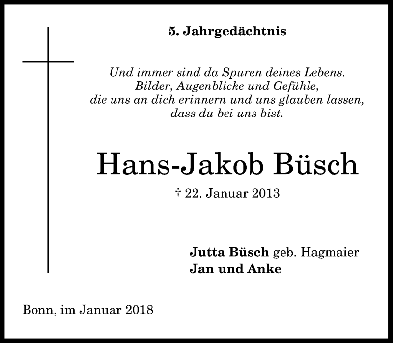  Traueranzeige für Hans-Jakob Büsch vom 20.01.2018 aus General-Anzeiger Bonn