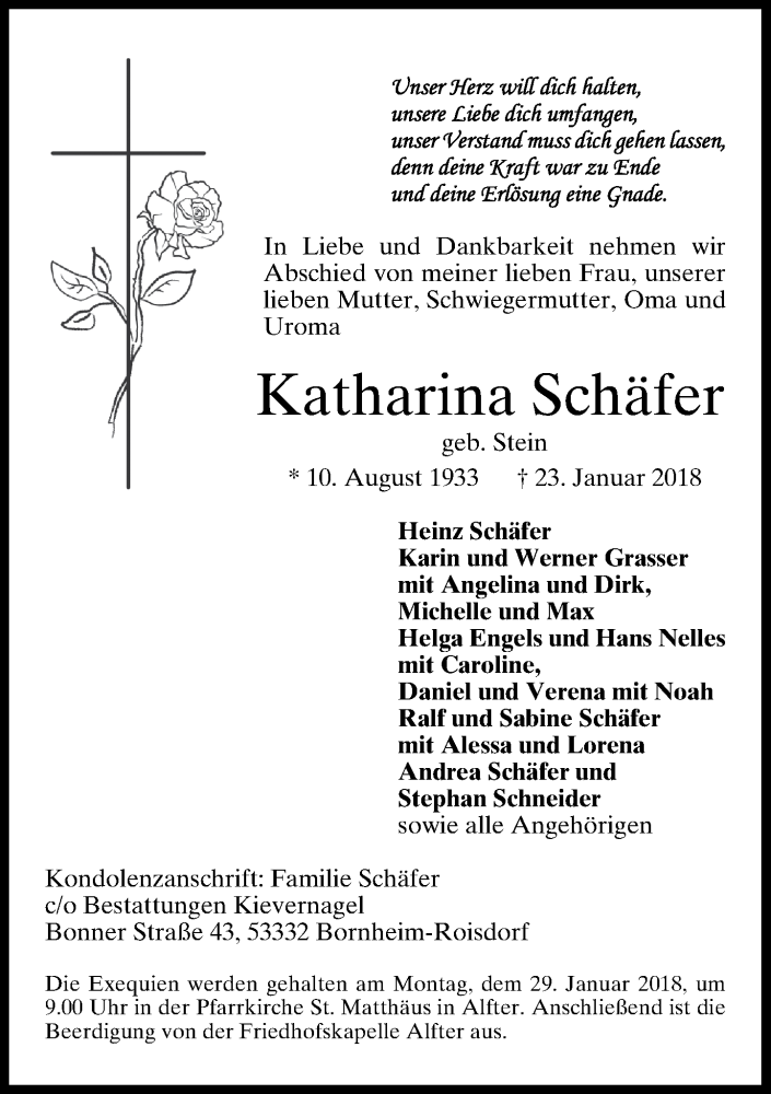  Traueranzeige für Katharina Schäfer vom 27.01.2018 aus General-Anzeiger Bonn