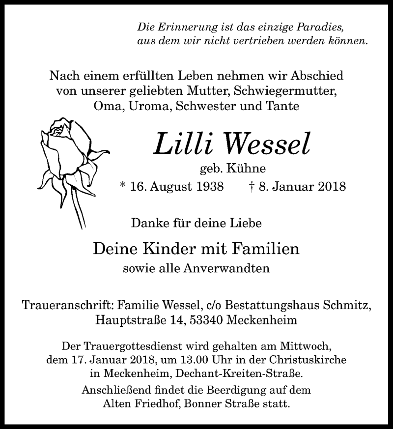  Traueranzeige für Lilli Wessel vom 13.01.2018 aus General-Anzeiger Bonn