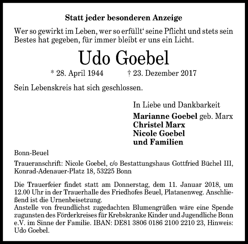  Traueranzeige für Udo Goebel vom 06.01.2018 aus General-Anzeiger Bonn