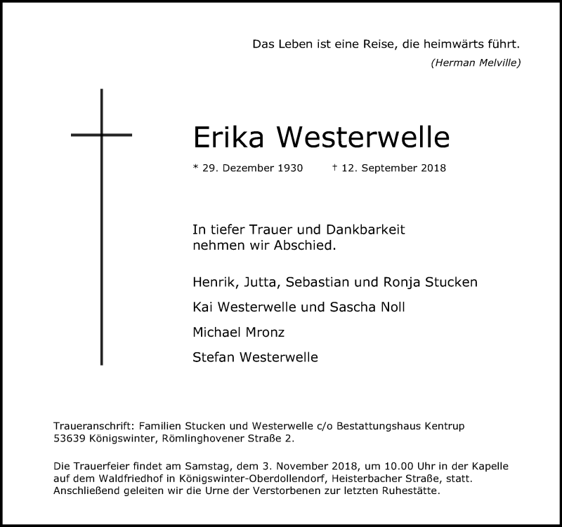  Traueranzeige für Erika Westerwelle vom 20.10.2018 aus General-Anzeiger Bonn
