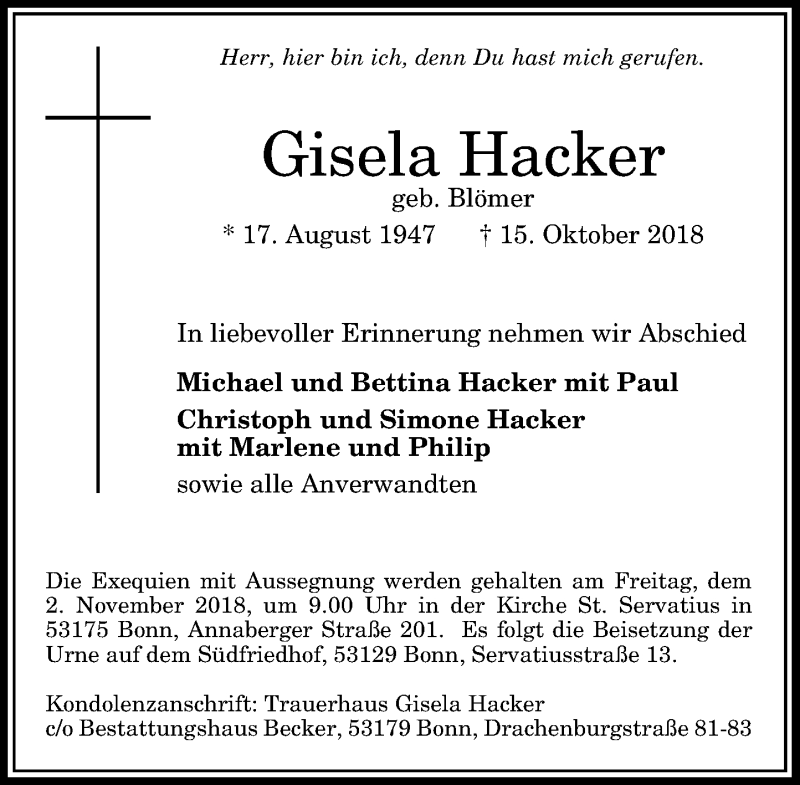  Traueranzeige für Gisela Hacker vom 27.10.2018 aus General-Anzeiger Bonn