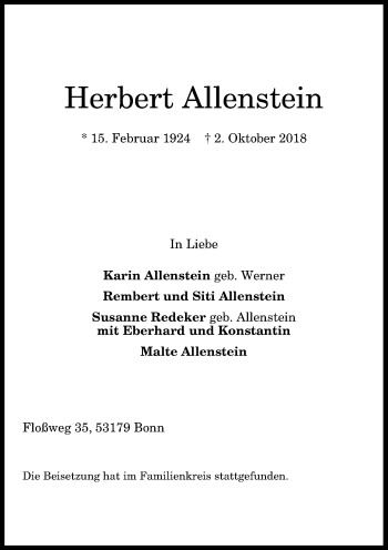 Anzeige von Herbert Allenstein von General-Anzeiger Bonn