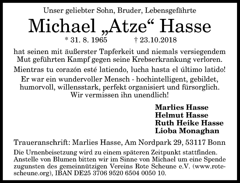  Traueranzeige für Michael Hasse vom 31.10.2018 aus General-Anzeiger Bonn
