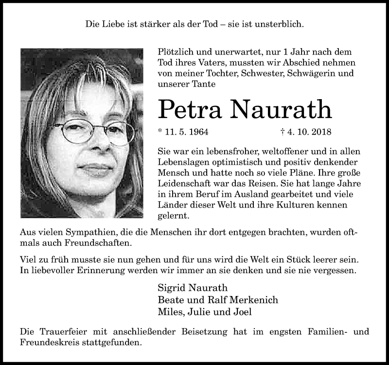  Traueranzeige für Petra Naurath vom 27.10.2018 aus General-Anzeiger Bonn