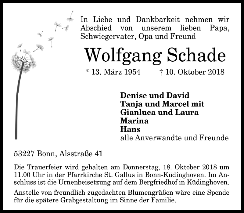  Traueranzeige für Wolfgang Schade vom 13.10.2018 aus General-Anzeiger Bonn