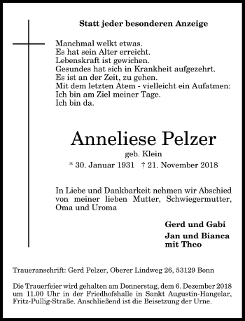 Anzeige von Anneliese Pelzer von General-Anzeiger Bonn