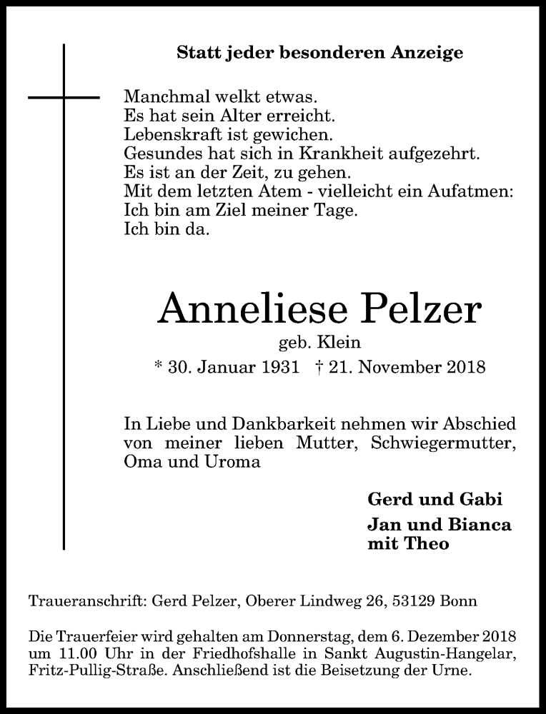 Traueranzeige für Anneliese Pelzer vom 01.12.2018 aus General-Anzeiger Bonn