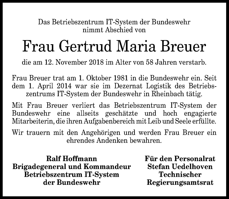  Traueranzeige für Gertrud Maria Breuer vom 22.11.2018 aus General-Anzeiger Bonn