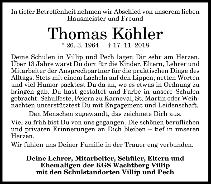  Traueranzeige für Thomas Köhler vom 21.11.2018 aus General-Anzeiger Bonn
