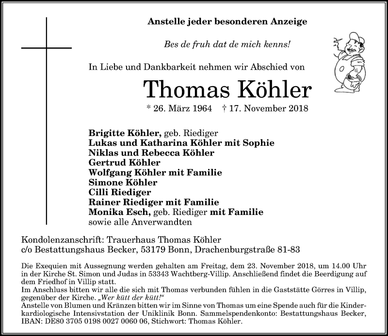  Traueranzeige für Thomas Köhler vom 21.11.2018 aus General-Anzeiger Bonn