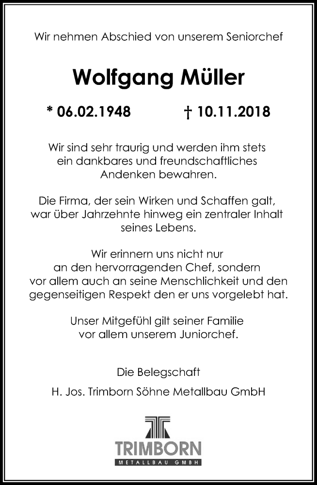  Traueranzeige für Wolfgang Müller vom 17.11.2018 aus General-Anzeiger Bonn