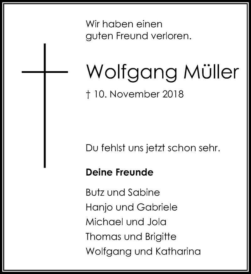  Traueranzeige für Wolfgang Müller vom 17.11.2018 aus General-Anzeiger Bonn