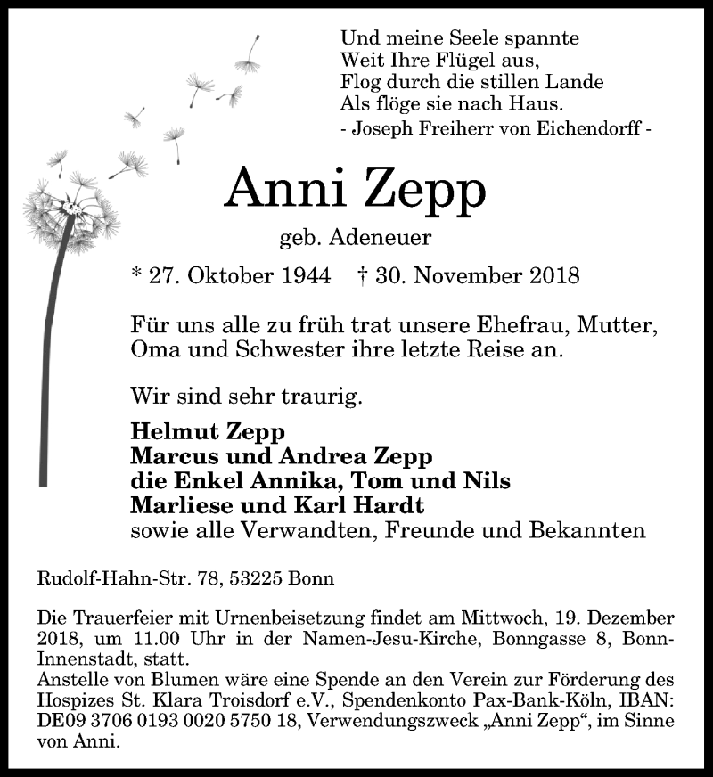  Traueranzeige für Anni Zepp vom 08.12.2018 aus General-Anzeiger Bonn