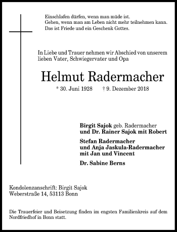 Anzeige von Helmut Radermacher von General-Anzeiger Bonn