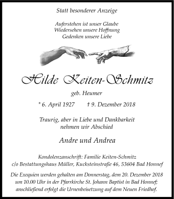 Anzeige von Hilde Keiten-Schmitz von General-Anzeiger Bonn