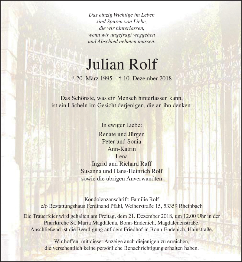  Traueranzeige für Julian Rolf vom 15.12.2018 aus General-Anzeiger Bonn