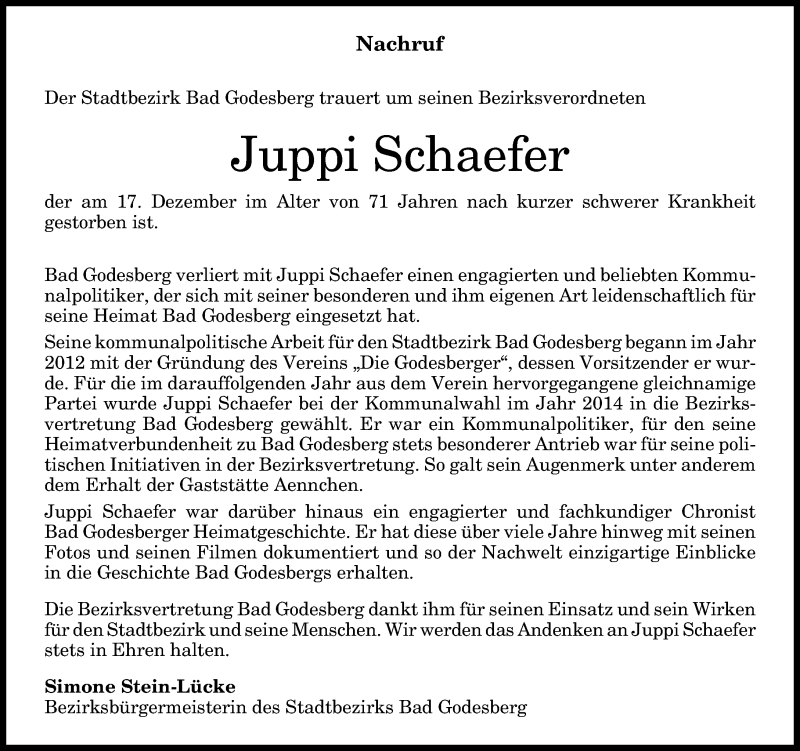  Traueranzeige für Juppi Schaefer vom 22.12.2018 aus General-Anzeiger Bonn