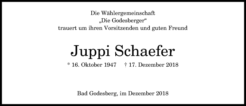  Traueranzeige für Juppi Schaefer vom 19.12.2018 aus General-Anzeiger Bonn