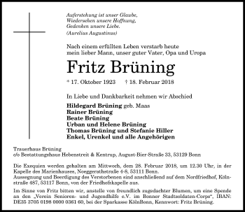 Anzeige von Fritz Brüning von General-Anzeiger Bonn