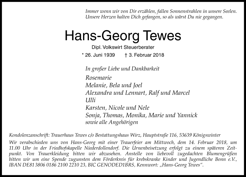  Traueranzeige für Hans-Georg Tewes vom 10.02.2018 aus General-Anzeiger Bonn