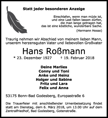 Anzeige von Hans Roßmann von General-Anzeiger Bonn