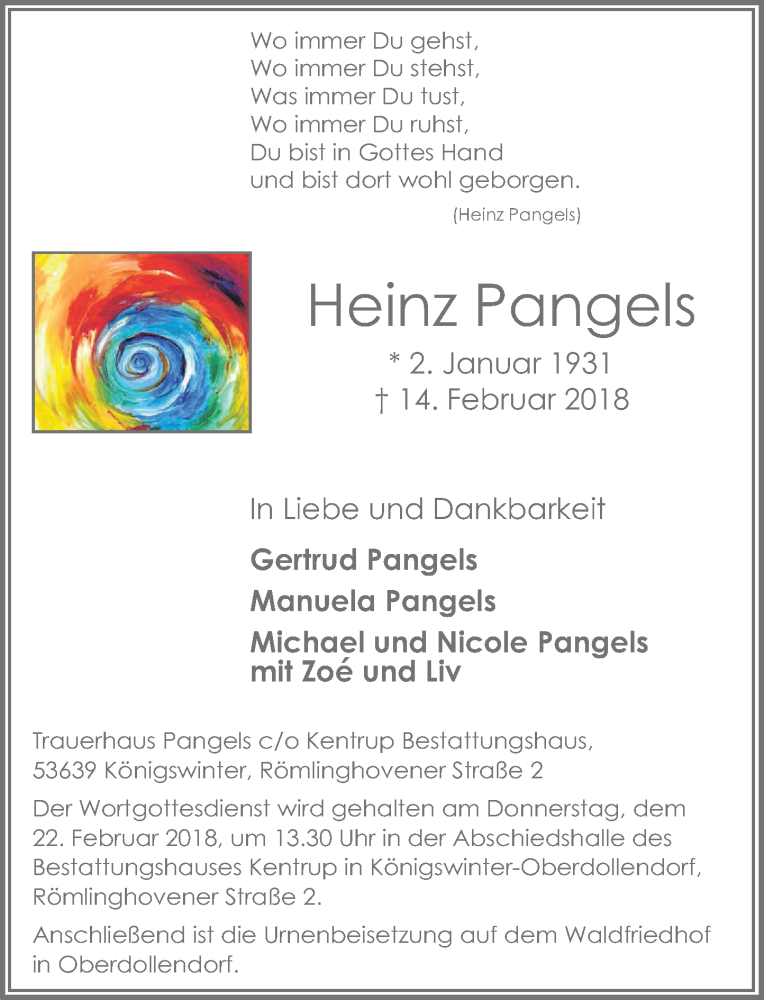  Traueranzeige für Heinz Pangels vom 17.02.2018 aus General-Anzeiger Bonn