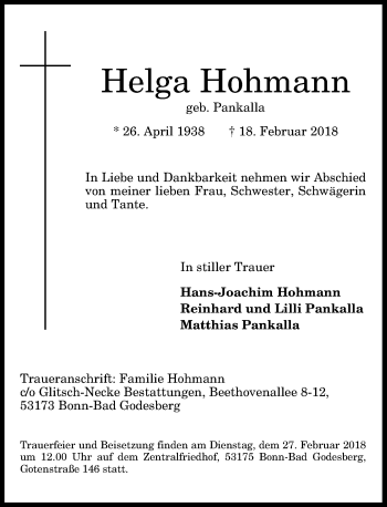 Anzeige von Helga Hohmann von General-Anzeiger Bonn