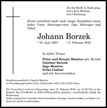 Anzeige von Johann Borzek von General-Anzeiger Bonn