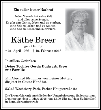 Anzeige von Käthe Breer von General-Anzeiger Bonn