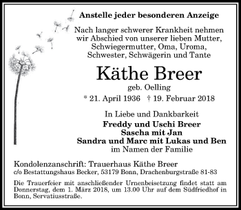 Anzeige von Käthe Breer von General-Anzeiger Bonn