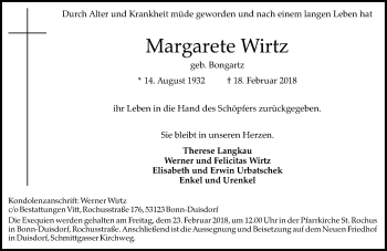 Anzeige von Margarete Wirtz von General-Anzeiger Bonn