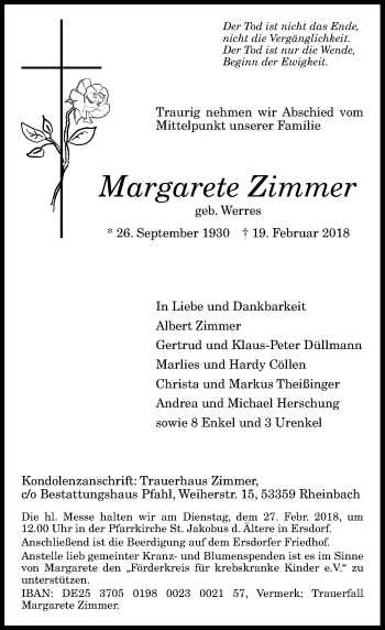Anzeige von Margarete Zimmer von General-Anzeiger Bonn