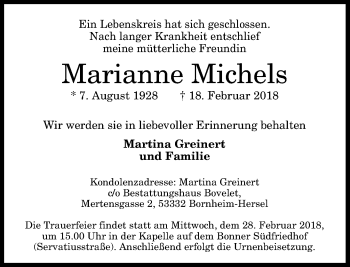 Anzeige von Marianne Michels von General-Anzeiger Bonn
