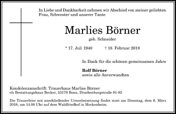 Anzeige von Marlies Börner von General-Anzeiger Bonn