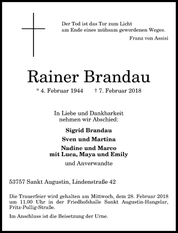 Anzeige von Rainer Brandau von General-Anzeiger Bonn