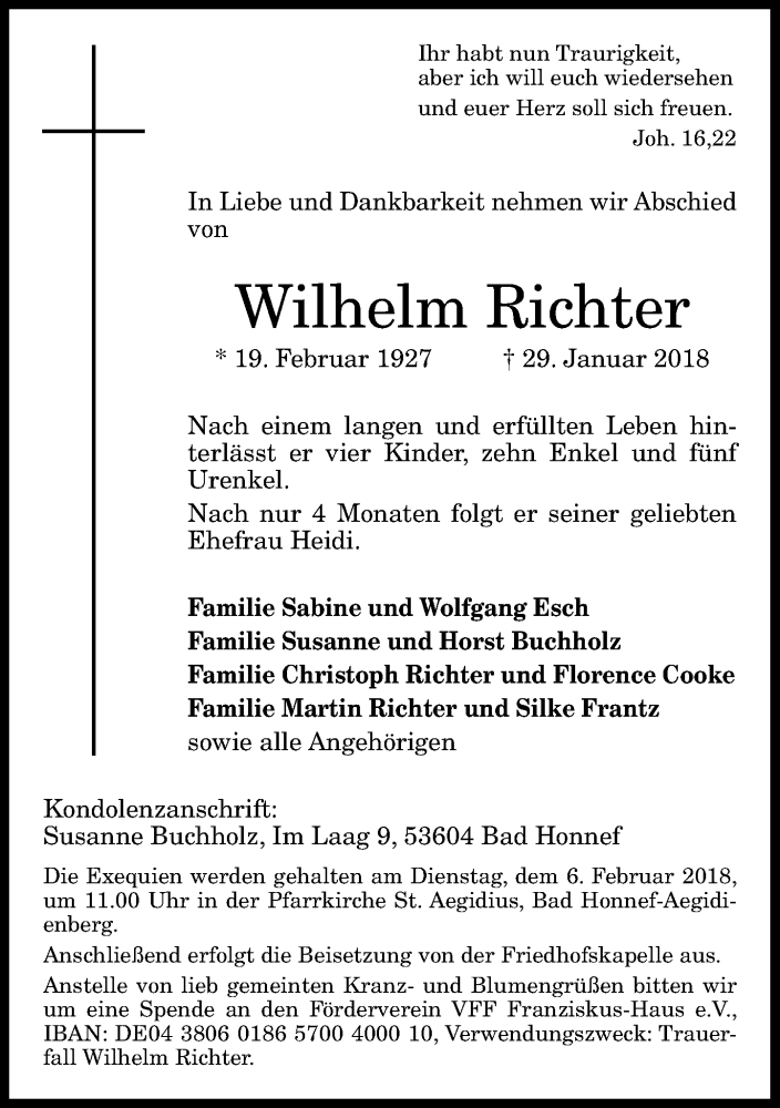  Traueranzeige für Wilhelm Richter vom 03.02.2018 aus General-Anzeiger Bonn