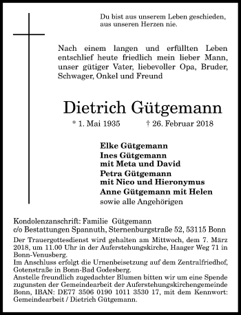 Anzeige von Dietrich Gütgemann von General-Anzeiger Bonn