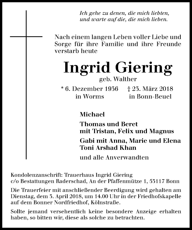  Traueranzeige für Ingrid Giering vom 28.03.2018 aus General-Anzeiger Bonn