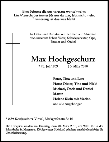Anzeige von Max Hochgeschurz von General-Anzeiger Bonn