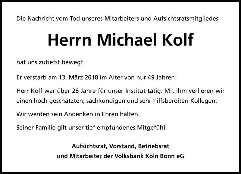  Traueranzeige für Michael Kolf vom 21.03.2018 aus General-Anzeiger Bonn