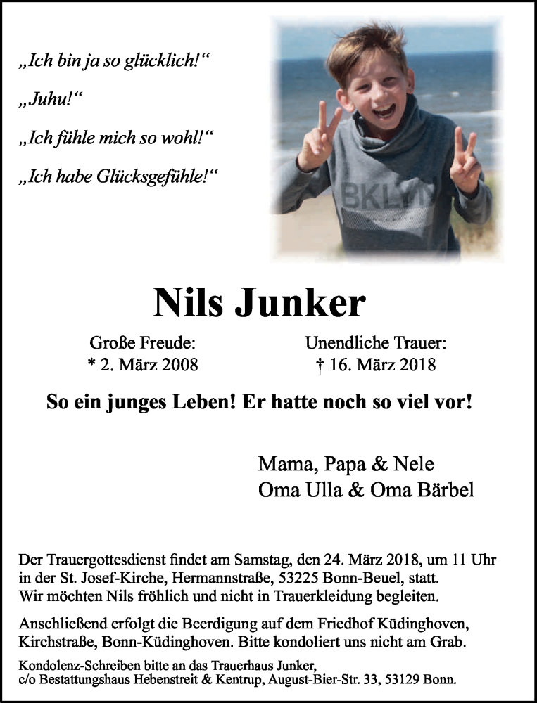  Traueranzeige für Nils Junker vom 22.03.2018 aus General-Anzeiger Bonn