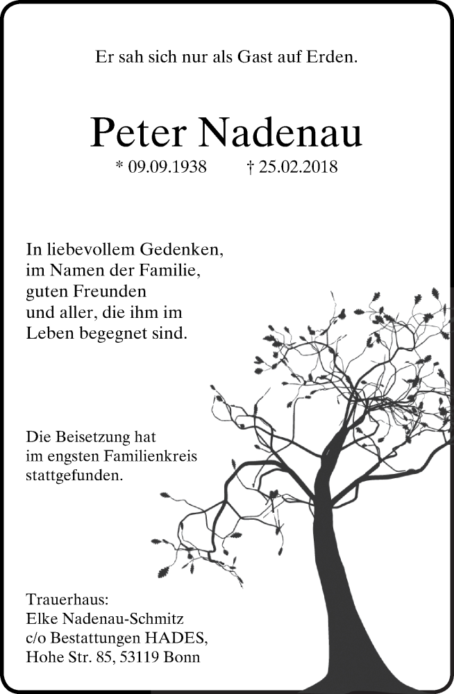  Traueranzeige für Peter Nadenau vom 10.03.2018 aus General-Anzeiger Bonn